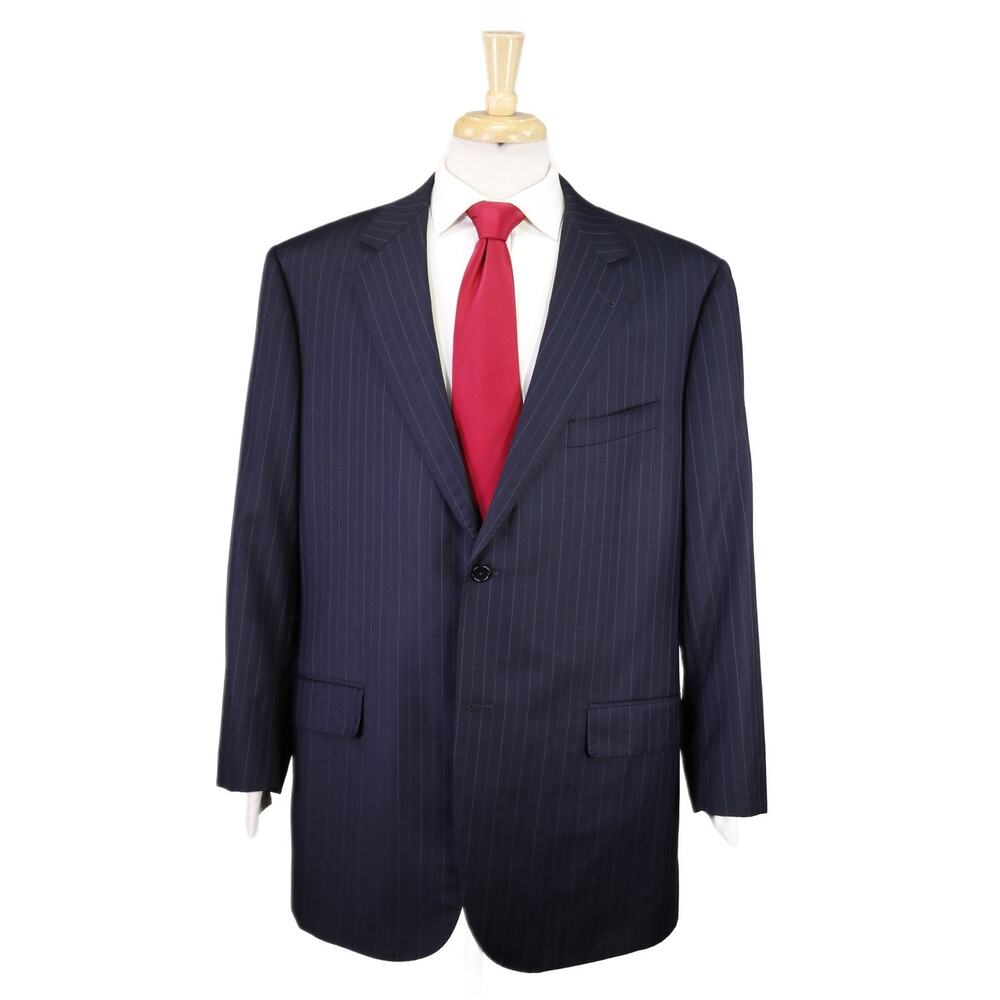 Custom Tailored Navy Blue Pinstripe 2-Btn Wool Suit 46R